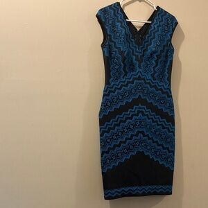 Tadashi Shoji Black and Blue embroidered Sheath Midi Dress- size 6